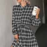 Plaid Band Collar Drawstring Shirt Dress