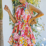 Floral Polka Dot Belted Sleeveless Mini Dress