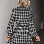 Plaid Band Collar Drawstring Shirt Dress