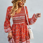 Bohemian V-Neck Balloon Sleeve Dress