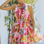 Floral Polka Dot Belted Sleeveless Mini Dress
