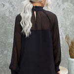 Frill Neck Spliced Mesh Blouse
