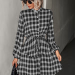 Plaid Band Collar Drawstring Shirt Dress
