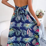 Botanical Print Tied Backless Cutout Slit Dress