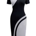 Two-Tone Round Neck Short Sleeve Slit Dress