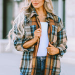 Plaid Curved Hem Shirt Jacket with Breast Pockets