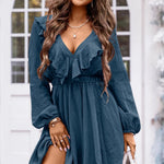 Ruffle Trim V-Neck Long Sleeve Mini Dress