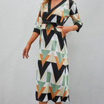 Printed Three-Quarter Sleeve Tied Midi Dress