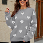 Heart Pattern Lantern Sleeve Round Neck Tunic Sweater