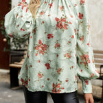 Floral Print Mock Neck Lantern Sleeve Blouse
