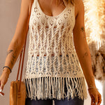 Sleeveless Cable-Knit Fringe Detail Open Work Top