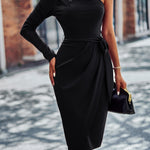 One-Shoulder Pleated Detail Belted Dress