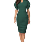 Notched Neck Flutter Sleeve Pencil Dress