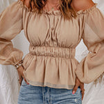 Frill Trim Off-Shoulder Elastic Waist Blouse