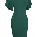 Notched Neck Flutter Sleeve Pencil Dress