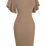 Notched Neck Flutter Sleeve Pencil Dress